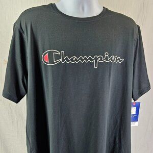 Champion Size XXL Short Sleeve Crew Neck Logo Spell Out Polyester T Shirt Black